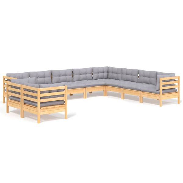 vidaXL Salon de jardin 10 pcs avec coussins gris bois de pin massif