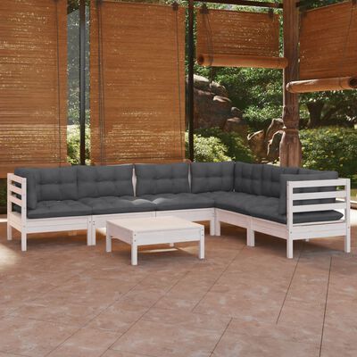 vidaXL Salon de jardin 7 pcs avec coussins blanc bois de pin massif