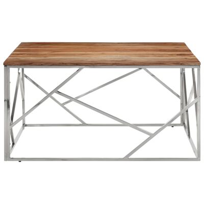 vidaXL Table basse argenté acier inoxydable et bois massif d'acacia