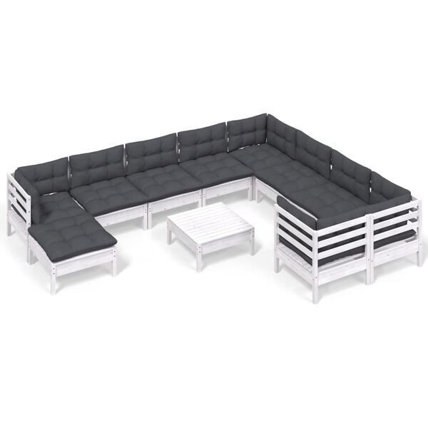 vidaXL Salon de jardin 11 pcs avec coussins blanc bois de pin