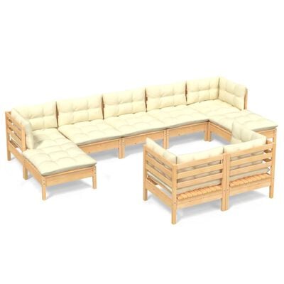 vidaXL Salon de jardin 9 pcs avec coussins crème Bois de pin solide