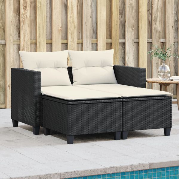 vidaXL Canap&eacute; de jardin 2 places avec tabourets noir r&eacute;sine tress&eacute;e