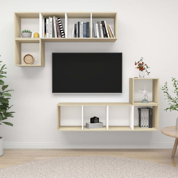 vidaXL Ensemble de meubles TV 4pcs Blanc ch&ecirc;ne sonoma Bois ing&eacute;nierie