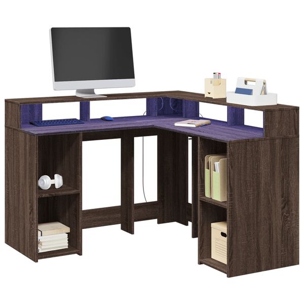 vidaXL Bureau et lumi&egrave;res LED ch&ecirc;ne marron bois d'ing&eacute;nierie