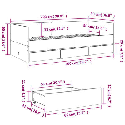 vidaXL Lit de jour avec tiroirs sans matelas sonoma gris 90x200 cm