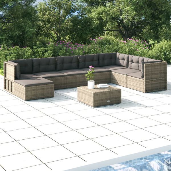 vidaXL Salon de jardin 9 pcs avec coussins Gris R&eacute;sine tress&eacute;e