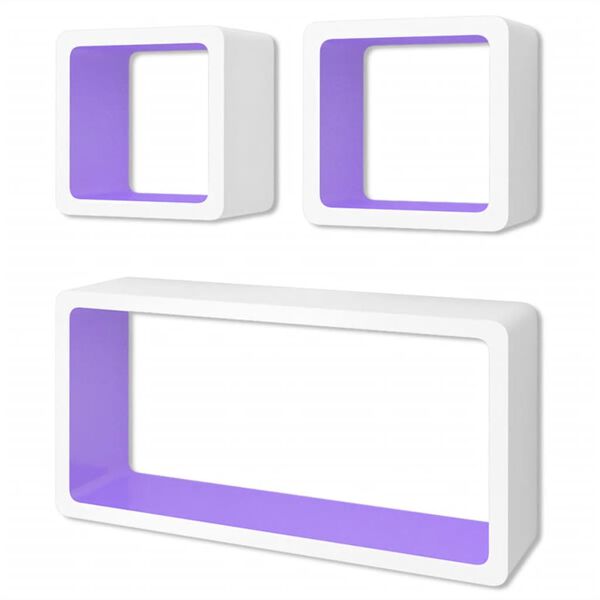 3 &Eacute;tag&egrave;res cubes murales et en MDF Blanc-Violet pour DVD/Livres