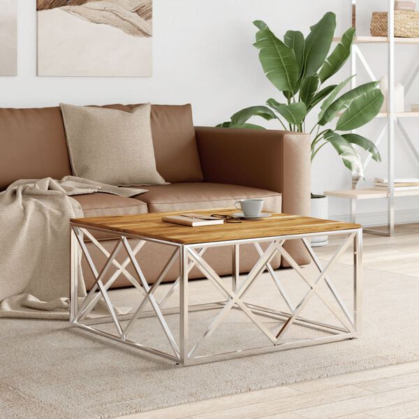 vidaXL Table basse argenté acier inoxydable et bois massif d'acacia