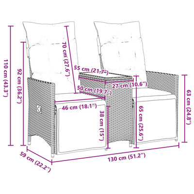 vidaXL Canapé de jardin inclinable 2 places avec table beige rotin