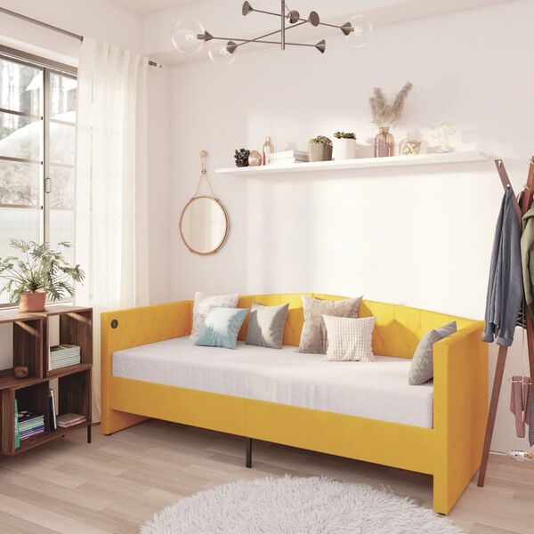 vidaXL Lit avec matelas et USB Jaune Velours 90x200 cm
