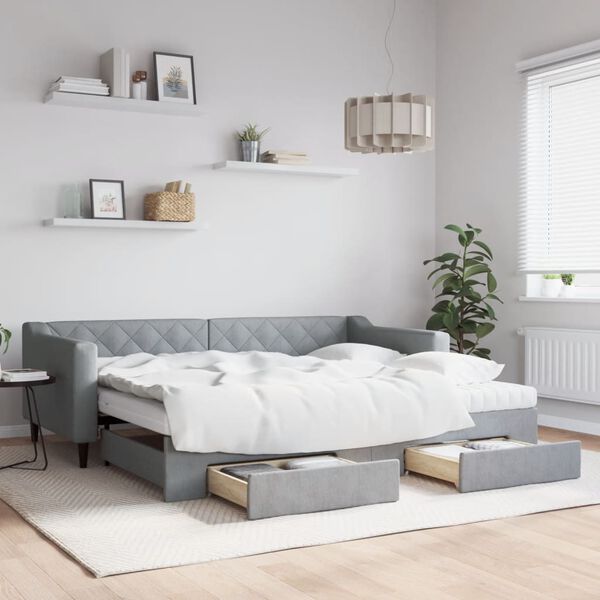 vidaXL Lit de jour avec gigogne et tiroirs gris clair 90x200 cm tissu