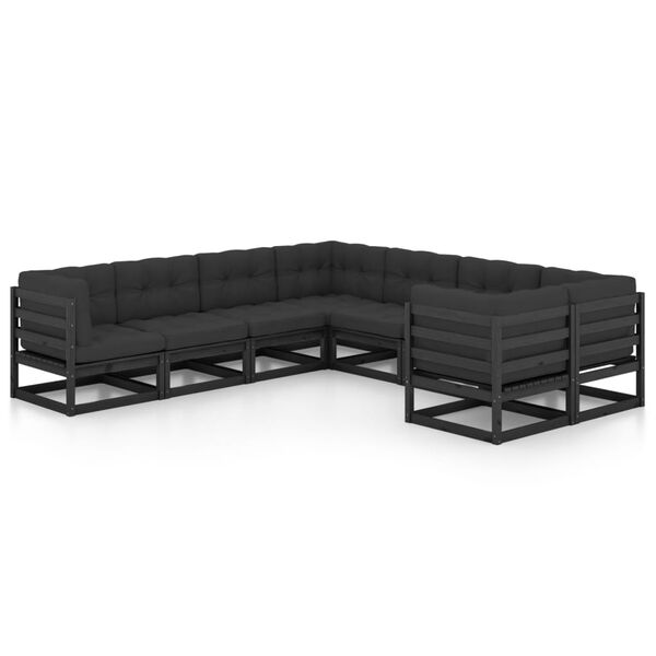 vidaXL Salon de jardin 8 pcs avec coussins Noir Bois de pin massif