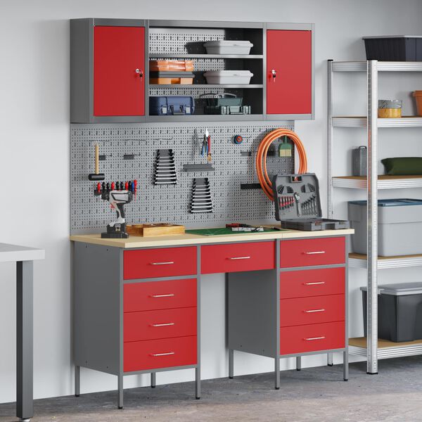 vidaXL Placard de travail 8 pcs Rouge Bois d'ing&eacute;nierie et acier