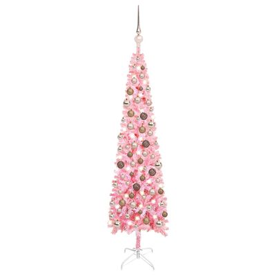 vidaXL Arbre de Noël mince pré-éclairé et boules rose 120 cm