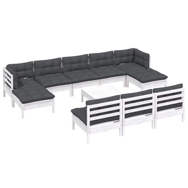 vidaXL Salon de jardin 11 pcs avec coussins blanc bois de pin