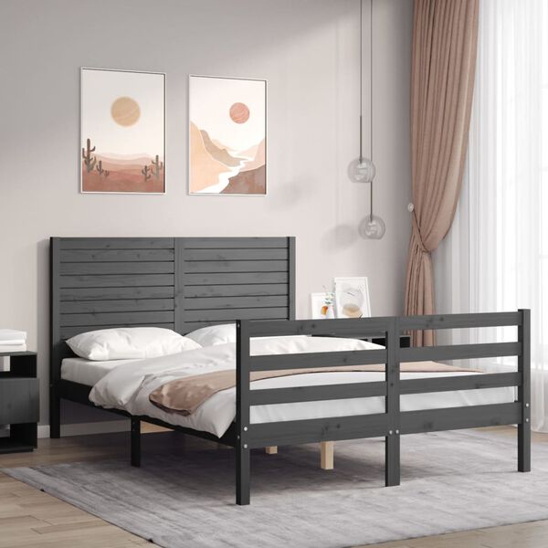 vidaXL Cadre de lit avec t&ecirc;te de lit gris 140x200 cm bois massif