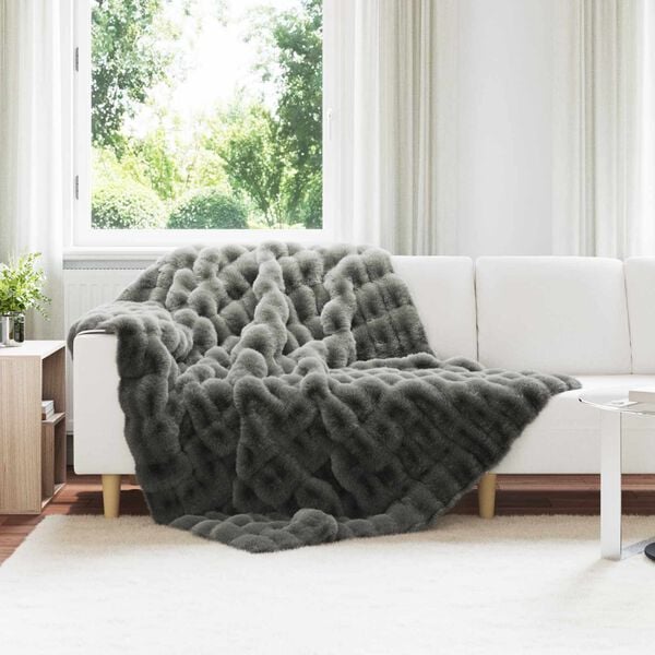 vidaXL Couverture en Fourrure de Lapin Synth&eacute;tique Gris fonc&eacute;