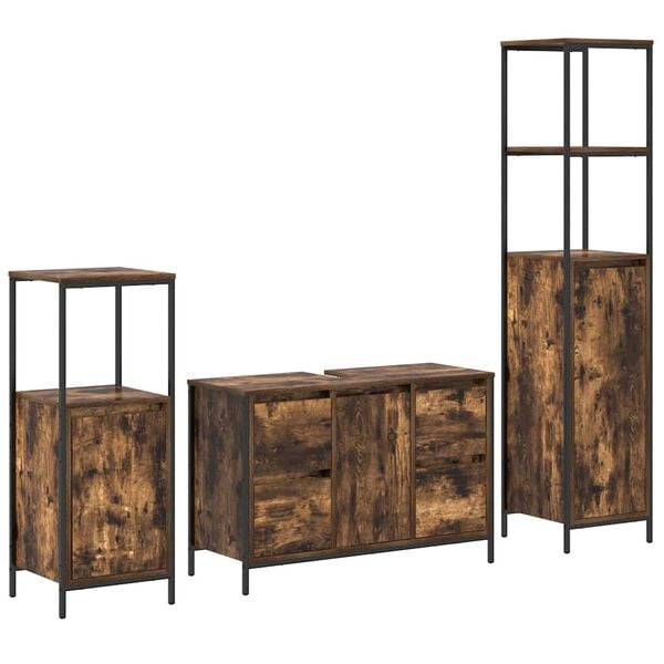 vidaXL Ensemble de mobilier de salle de bain 3 pcs Ch&ecirc;ne fum&eacute; et noir