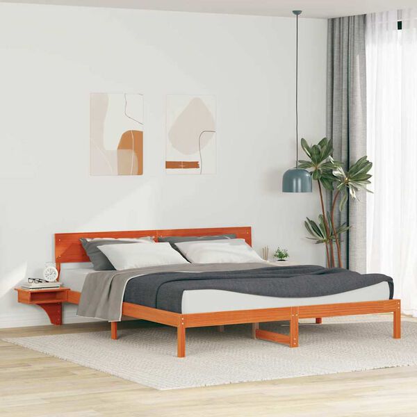 vidaXL Cadre de lit avec t&ecirc;te de lit Brun cire 200 x 200 cm Pin massif