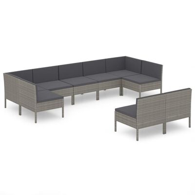 vidaXL Salon de jardin 9 pcs avec coussins Résine tressée Gris