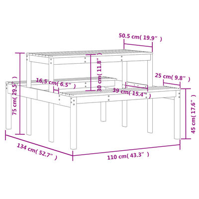 vidaXL Table de pique-nique cire marron 110x134x75 cm bois massif pin