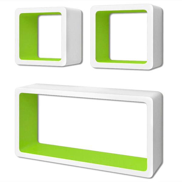 3 &Eacute;tag&egrave;res cubes murales et en MDF Blanc-Vert pour DVD/Livres