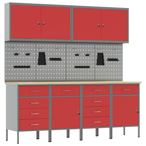 vidaXL Placard de travail 10 pcs Rouge Bois d'ing&eacute;nierie et acier