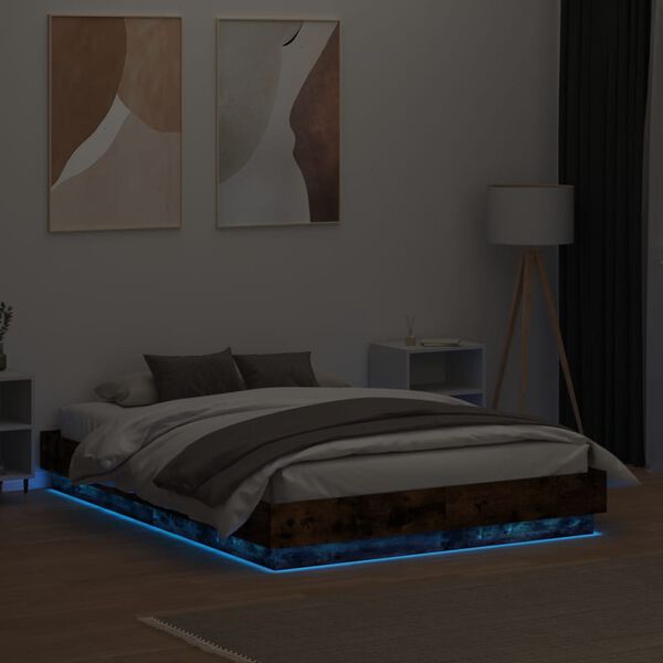 vidaXL Cadre de lit avec LED sans matelas ch&ecirc;ne fum&eacute; 135x190 cm