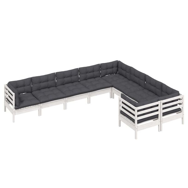 vidaXL Salon de jardin 9 pcs avec coussins blanc bois de pin