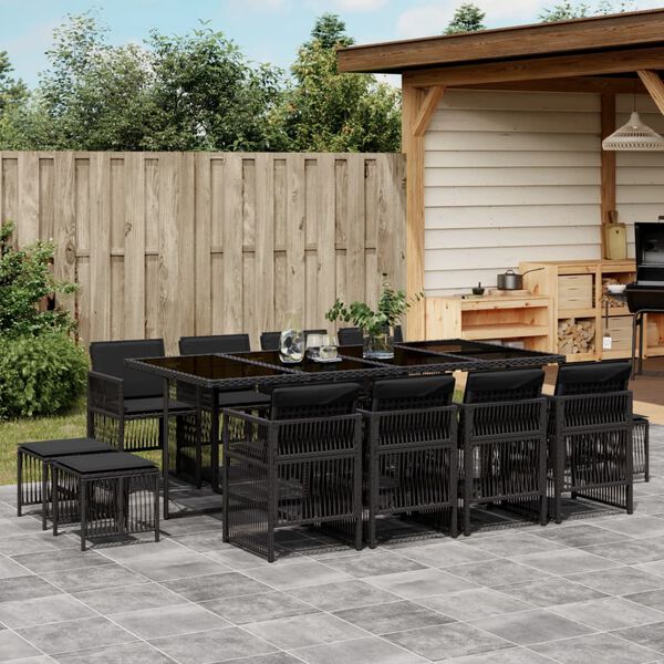 vidaXL Ensemble &agrave; manger de jardin 13 pcs coussins noir r&eacute;sine tress&eacute;e