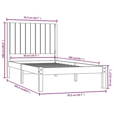 vidaXL Cadre de lit Gris Bois de pin massif 90x200 cm