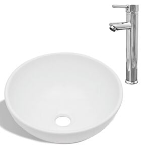 vidaXL Lavabo de salle de bain avec mitigeur C&eacute;ramique Rond Blanc
