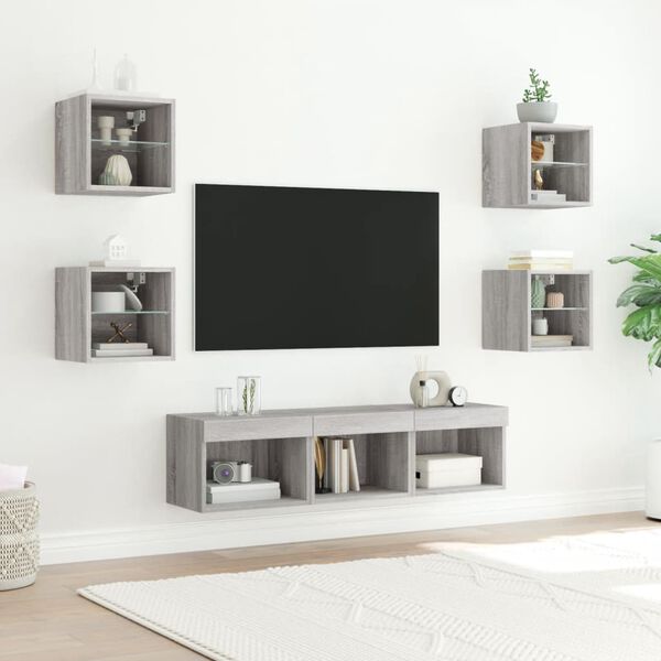 vidaXL Unit&eacute;s murales TV avec LED 7 pcs gris sonoma bois d'ing&eacute;nierie