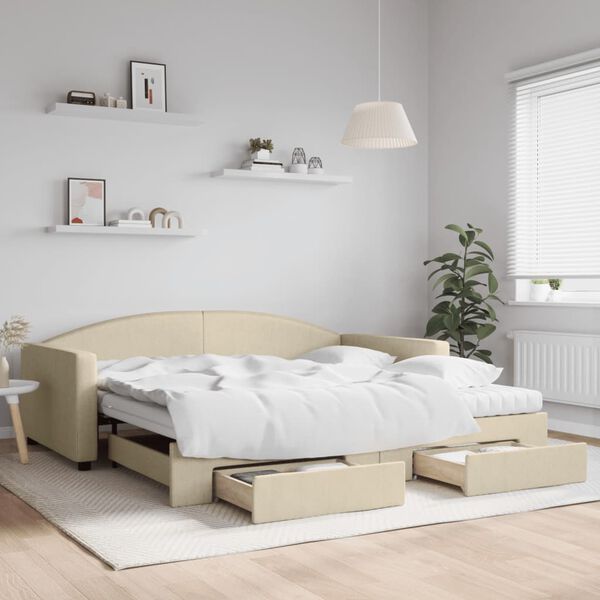 vidaXL Lit de jour avec gigogne et tiroirs cr&egrave;me 100x200 cm tissu