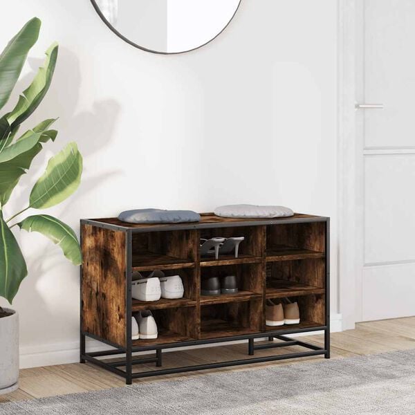 vidaXL Banc &agrave; chaussures ch&ecirc;ne fum&eacute; bois d'ing&eacute;nierie et m&eacute;tal