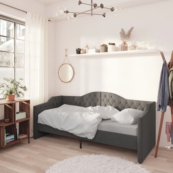 vidaXL Lit avec matelas et &eacute;clairage USB Gris fonc&eacute; Tissu 90x200 cm