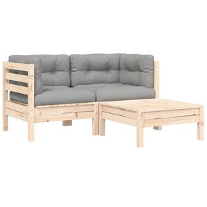 vidaXL Salon de jardin 3 pcs avec coussins gris Bois de pin massif