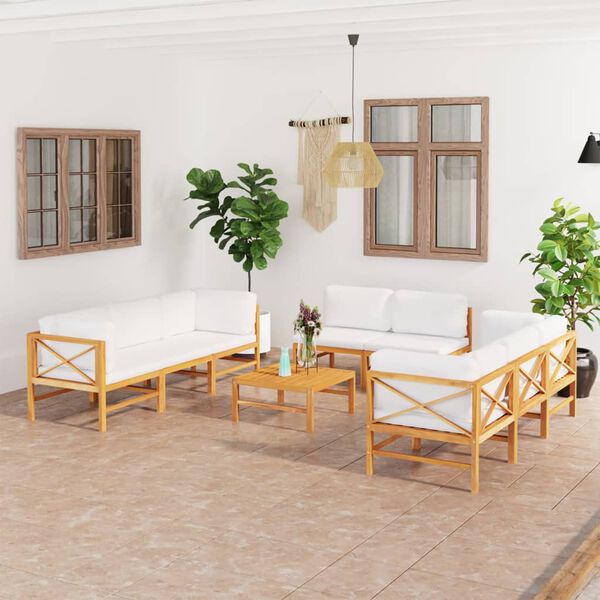vidaXL Salon de jardin 9 pcs avec coussins cr&egrave;me Bois de teck solide
