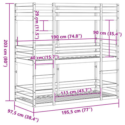 vidaXL Lit superposé triple sans matelas 90x190 cm bois de pin massif