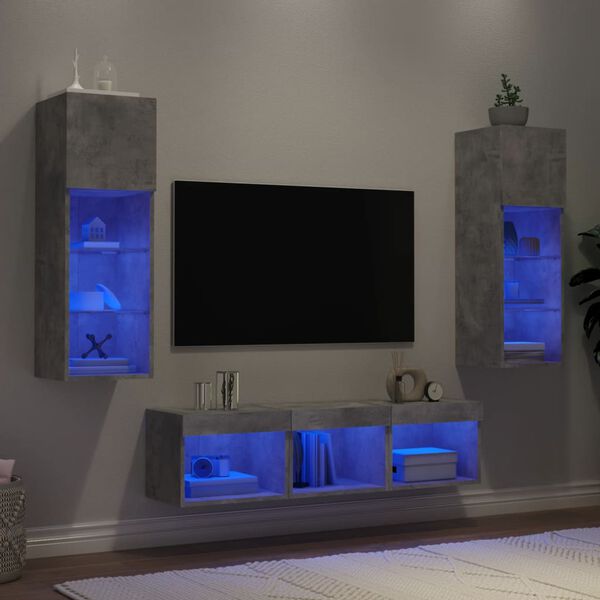 vidaXL Unit&eacute;s murales TV avec LED 5 pcs gris b&eacute;ton bois d'ing&eacute;nierie