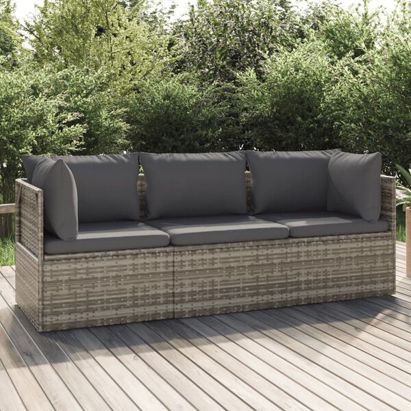 vidaXL Salon de jardin 3 pcs avec coussins Gris R&eacute;sine tress&eacute;e