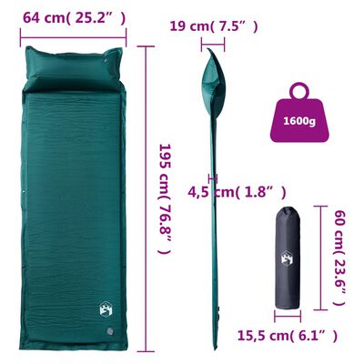 vidaXL Matelas de camping autogonflant avec oreiller 1 personne vert