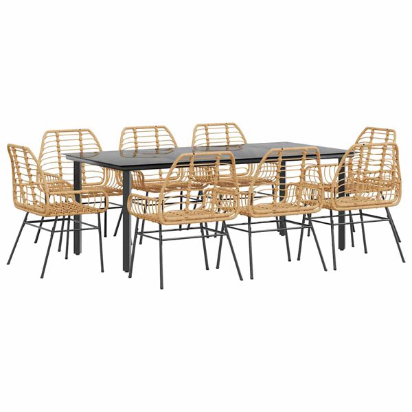 vidaXL Ensemble &agrave; manger de jardin 9 pcs marron r&eacute;sine tress&eacute;e verre