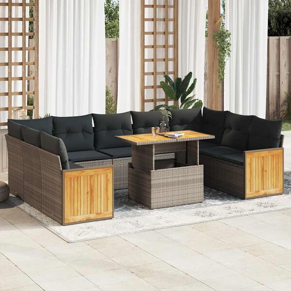 vidaXL Salon de jardin avec coussins 10 pcs gris r&eacute;sine tress&eacute;e acacia