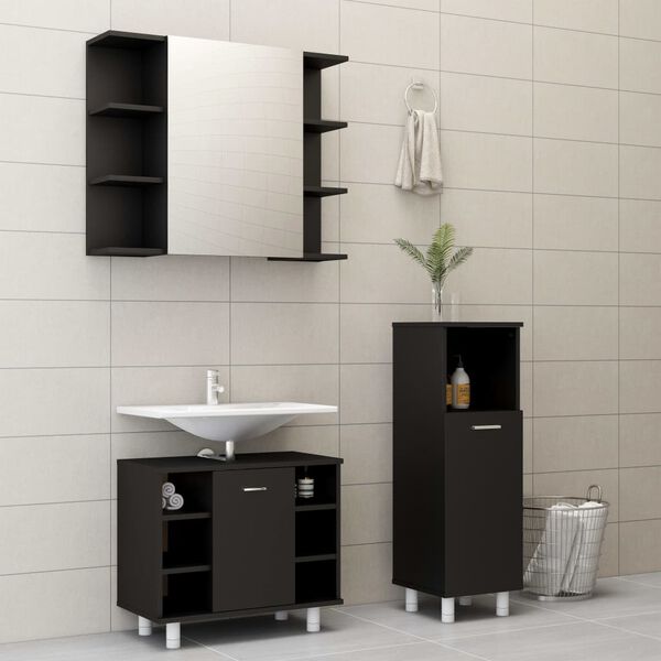 vidaXL Ensemble de meubles de salle de bain 3 pcs Noir Agglom&eacute;r&eacute;