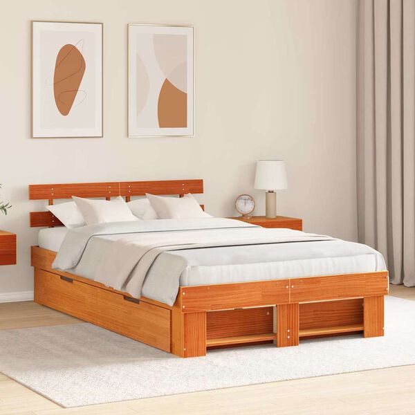vidaXL Cadre de lit avec t&ecirc;te de lit Brun cire 120 x 190 cm Pin massif