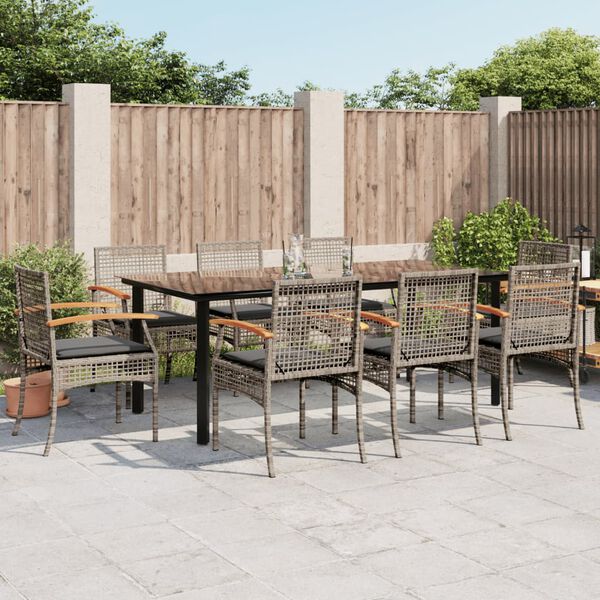 vidaXL Ensemble &agrave; manger de jardin 9 pcs coussins gris r&eacute;sine tress&eacute;e