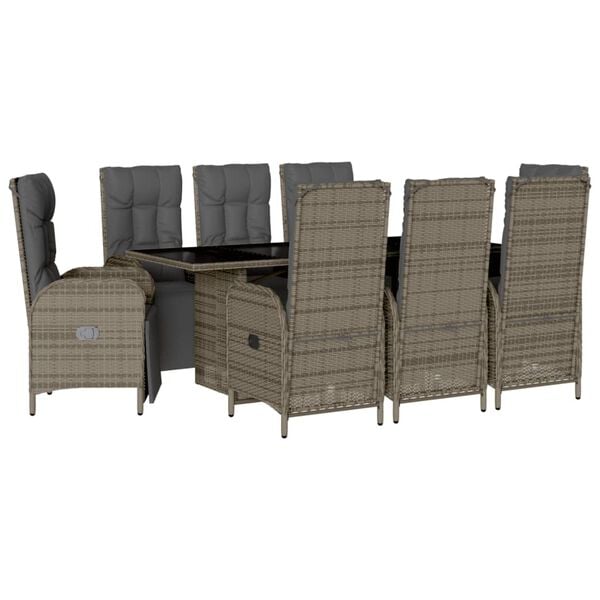vidaXL Ensemble &agrave; manger de jardin 9 pcs coussins gris r&eacute;sine tress&eacute;e