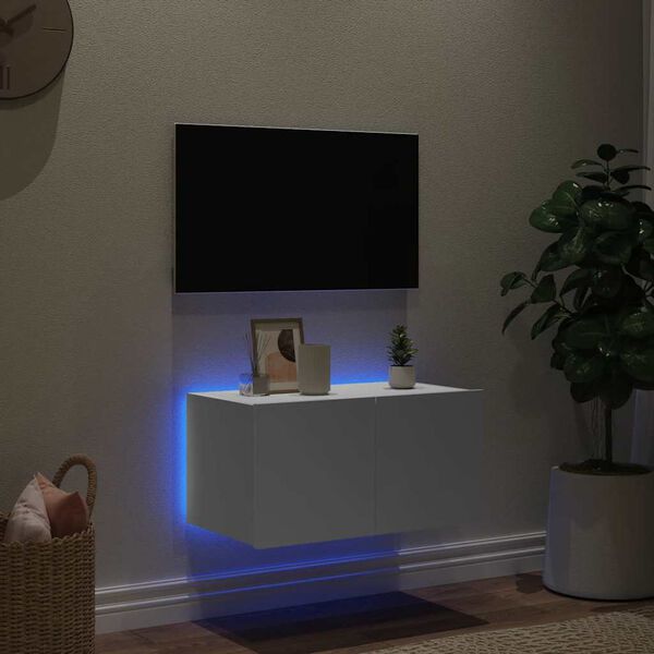 vidaXL Meuble TV mural avec lumi&egrave;res LED blanc 60x35x31 cm