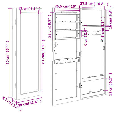 vidaXL Armoire à bijoux avec miroir murale noir 30x8,5x90 cm